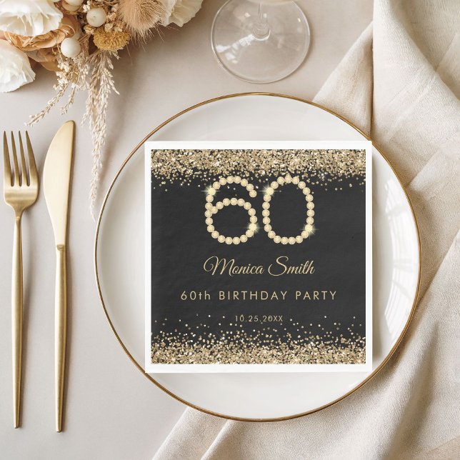Guardanapo De Papel Elegant Gold Diamonds 60th Birthday Party  (Gold Diamonds 60th Birthday Napkins)