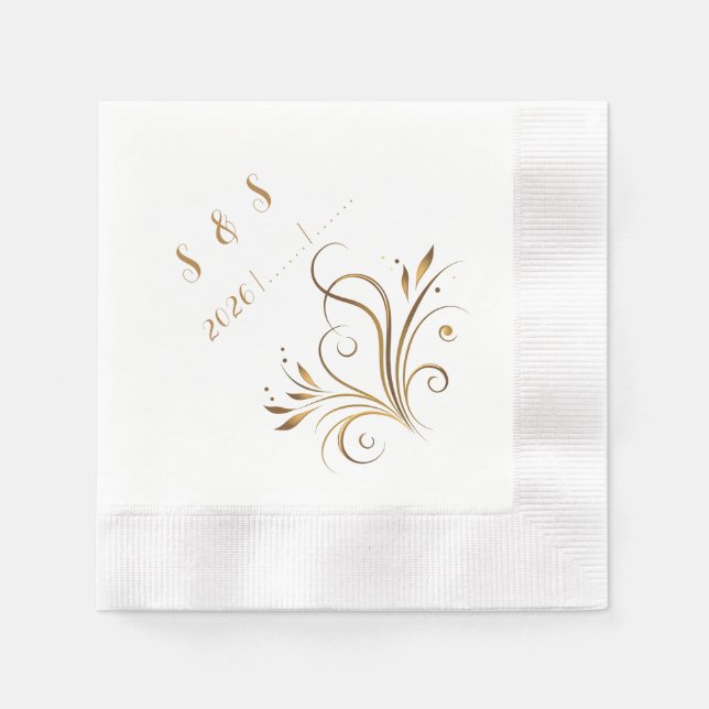 Guardanapo De Papel Elegant Gold Filigree & Leaf Flourish Wedding (Frente)