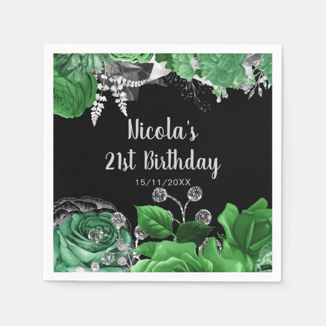 Guardanapo De Papel Elegant Green and Silver Flowers Birthday Party  (Frente)