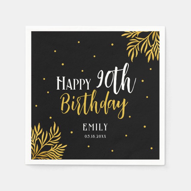 Guardanapo De Papel Elegant Happy 90th Birthday Gold Foliage Party (Frente)