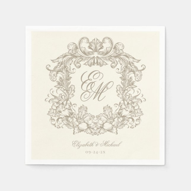 Guardanapo De Papel Elegant Ivory Monogram Crest Script Wedding (Frente)