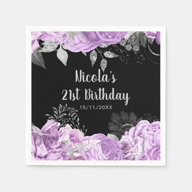 Guardanapo De Papel Elegant Lilac and Silver Flowers Birthday Party  (Frente)