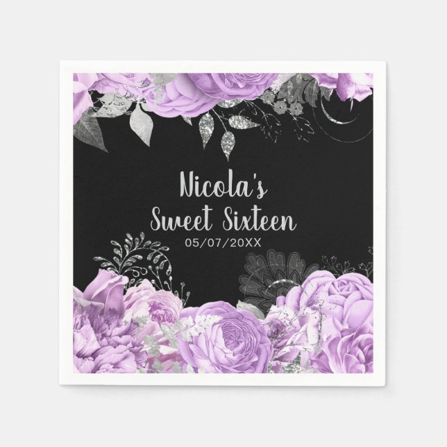 Guardanapo De Papel Elegant Lilac and Silver Flowers Sweet Sixteen (Frente)