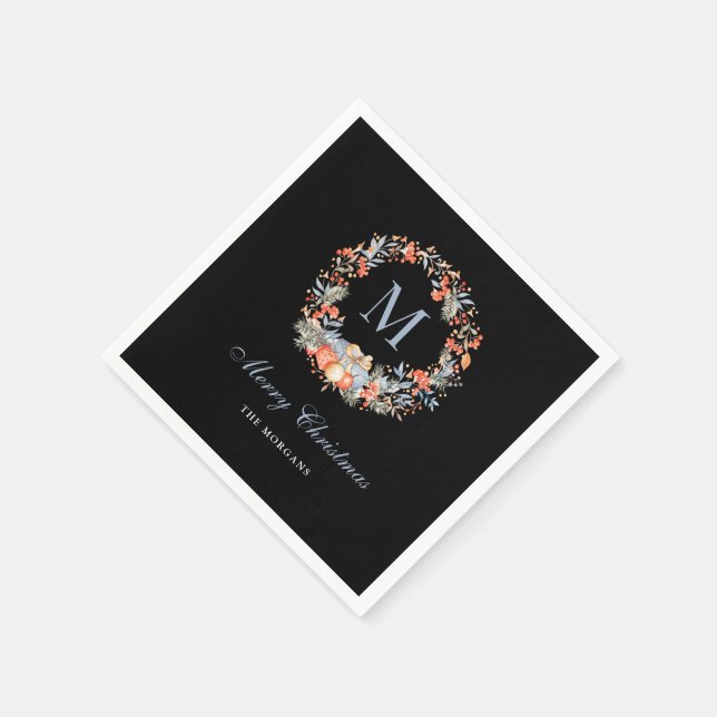 Guardanapo De Papel Elegant Monogram Wreath Chic Black Christmas Party (Canto)