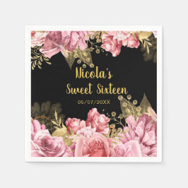 Guardanapo De Papel Elegant Pink and Gold Flowers Sweet Sixteen 