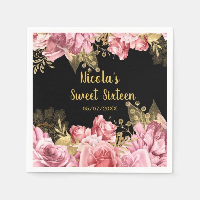 Guardanapo De Papel Elegant Pink and Gold Flowers Sweet Sixteen  (Frente)