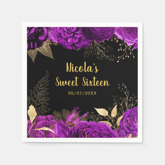 Guardanapo De Papel Elegant Purple and Gold Flowers Sweet Sixteen  (Frente)