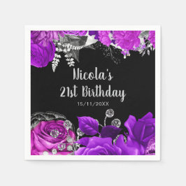 Guardanapo De Papel Elegant Purple and Silver Flowers Birthday Party 