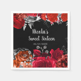Guardanapo De Papel Elegant Red and Silver Flowers Sweet Sixteen 