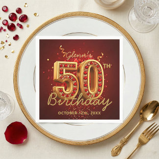 Guardanapo De Papel Elegant Red Gold 50th Birthday Party Glam