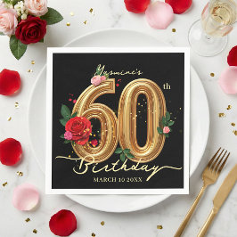 Guardanapo De Papel Elegant Red Rose Black and Gold 60th Birthday