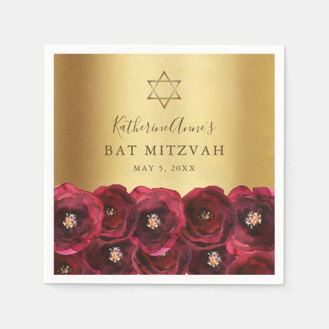 Guardanapo De Papel Elegant Red Rose Floral Gold Bat Mitzvah (Frente)