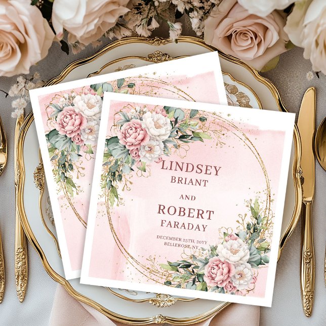 Guardanapo De Papel Elegant Rose Gold Floral Eucalyptus Gold Glitter   (Elegant Rose Gold Floral Eucalyptus Gold Glitter Wedding Napkins)