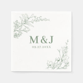 Guardanapo De Papel Elegant Sage Green Floral Wreath Monogram Wedding