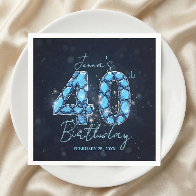 Guardanapo De Papel Elegant Sparkle Teal Blue Gemstone 40th Birthday (Criador carregado)