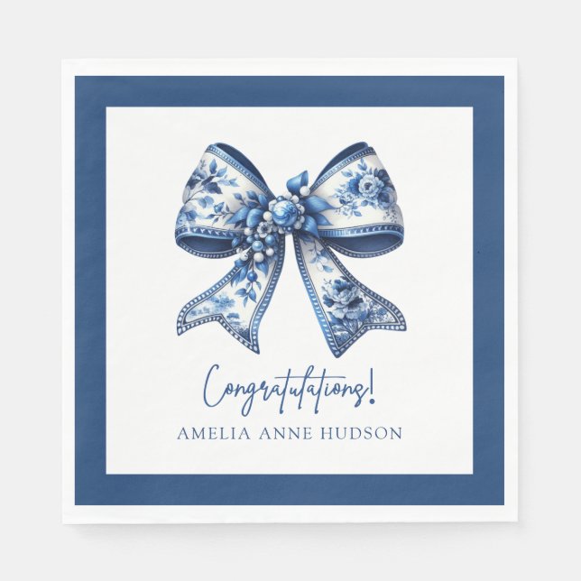 Guardanapo De Papel Elegant Stylish Blue Floral Bow Congratulations (Frente)
