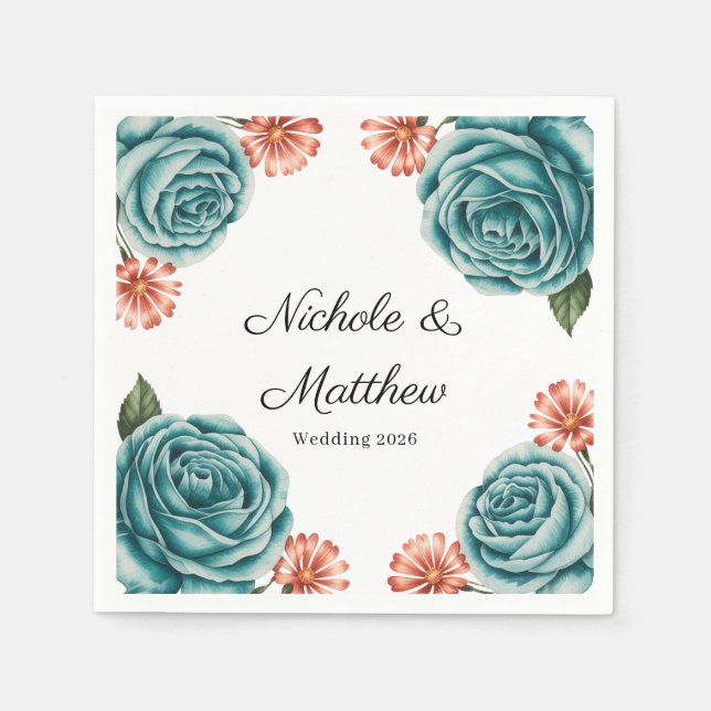 Guardanapo De Papel Elegant Teal Rose & Orange Daisey Wedding (Frente)