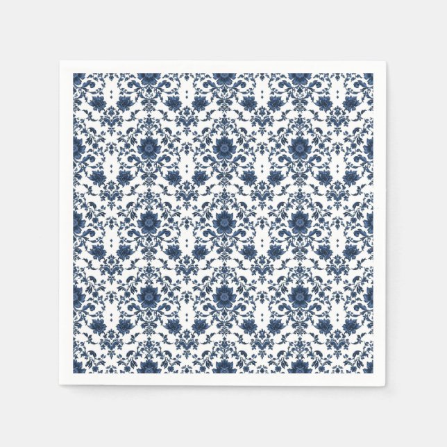 Guardanapo De Papel Elegant Victorian Damask Flower Pattern Navy Blue  (Frente)