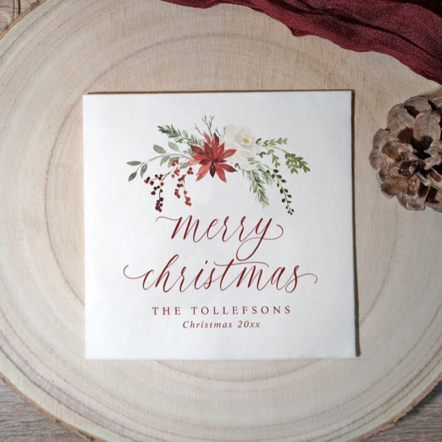 Guardanapo De Papel Elegant Watercolor Merry Christmas Holiday Berries (Elegant Christmas napkins with an elegant botanical watercolor design and "merry Christmas" script)