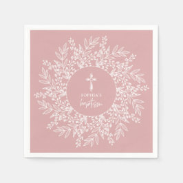 Guardanapo De Papel Elegant Wreath and Cross Pink Girl Baptism