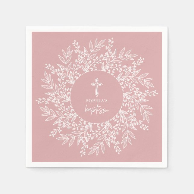 Guardanapo De Papel Elegant Wreath and Cross Pink Girl Baptism (Frente)