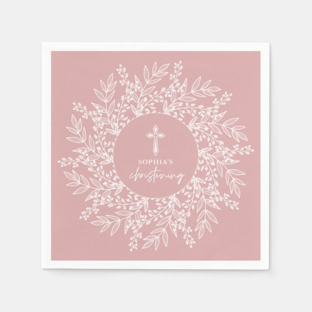 Guardanapo De Papel Elegant Wreath and Cross Pink Girl Christening (Frente)