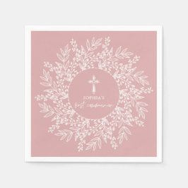 Guardanapo De Papel Elegant Wreath and Cross Pink Girl First Communion