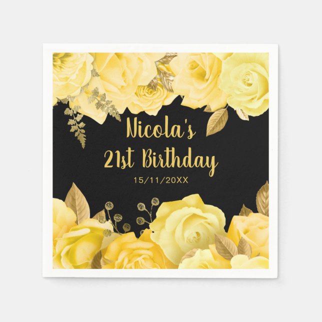Guardanapo De Papel Elegant Yellow and Gold Flowers Birthday Party (Frente)
