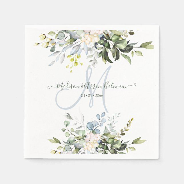 Guardanapo De Papel Elegante Aquarela Azul Goma Eucalyptus Monograma (Frente)