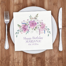 Guardanapo De Papel Elegante Aquarela Festa de aniversário Floral Purp