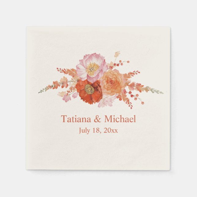 Guardanapo De Papel elegante aquarela flores laranja, casamento mínimo (Frente)