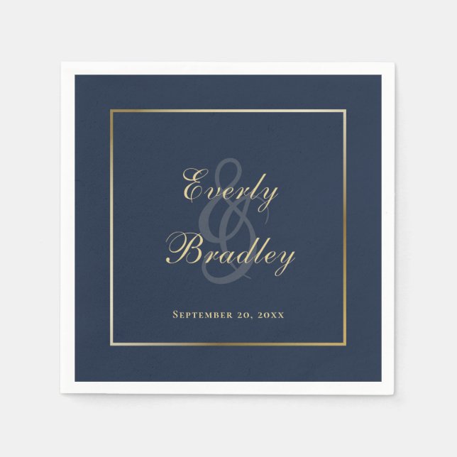 Guardanapo De Papel Elegante Azul Marinho Dourado Borda Script  (Frente)