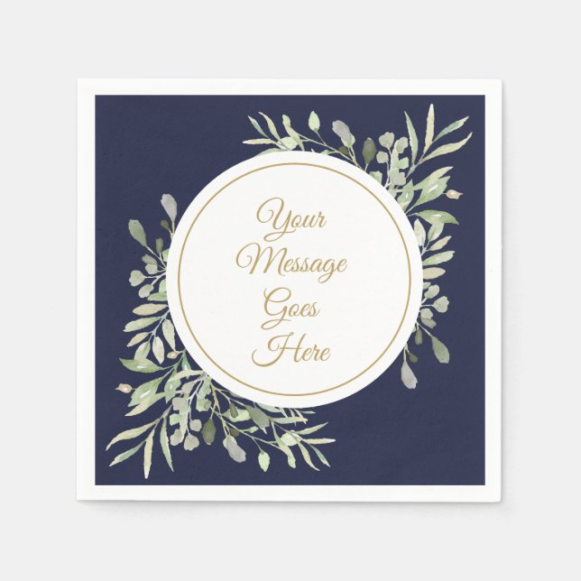 Guardanapo De Papel Elegante Azul Marinho Dourado Folhagem Script (Frente)