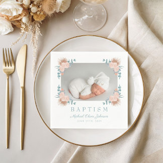 Guardanapo De Papel Elegante Batismo com Foto Floral