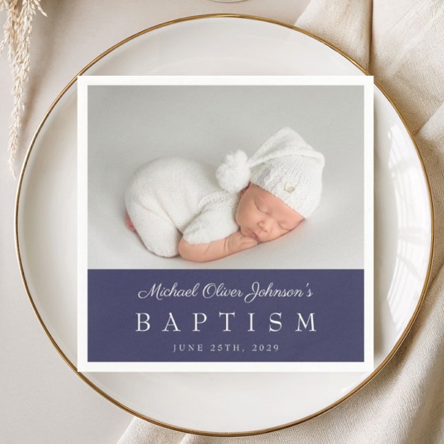 Guardanapo De Papel Elegante Batismo de Foto em Azul Marinho com Letra (Elegant Navy Blue Boy Photo Baptism Napkins)