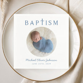 Guardanapo De Papel Elegante Batismo de Foto em Azul Script
