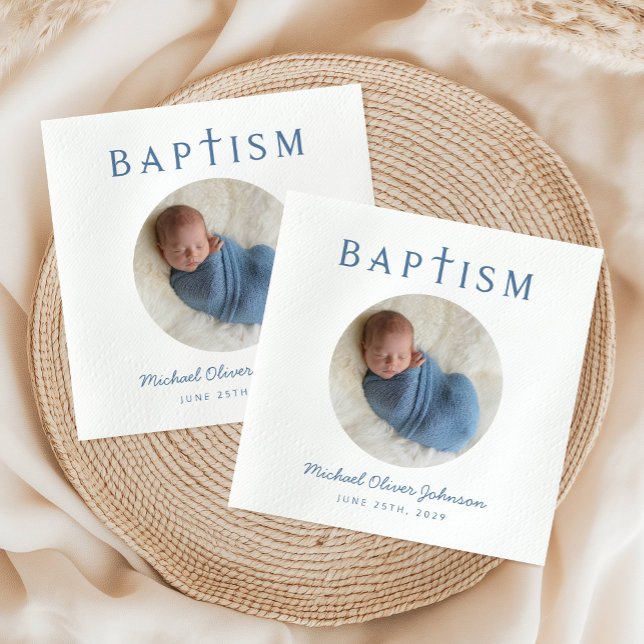 Guardanapo De Papel Elegante Batismo de Foto em Azul Script (Elegant Blue Script Photo Baptism Napkins)