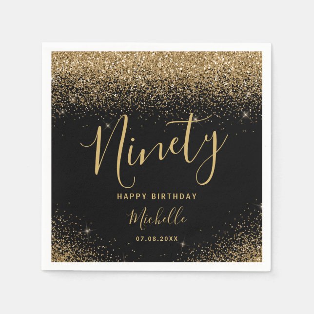 Guardanapo De Papel Elegante Black Dourado 90 Birthday (Frente)