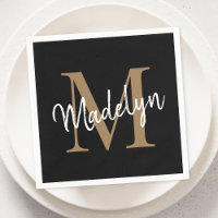 Elegante Black Dourado Monograma Girly Script Birt