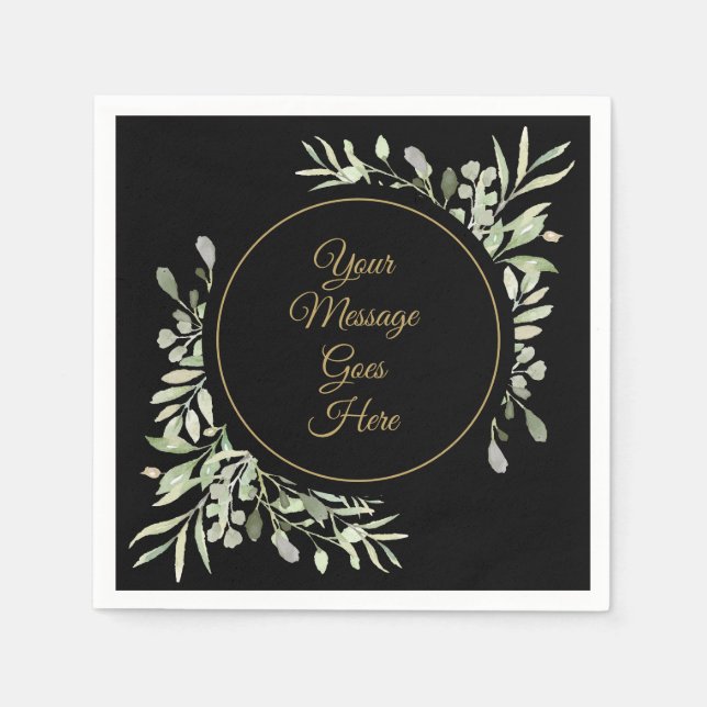 Guardanapo De Papel Elegante Black Dourado Script Watercolor Greenery (Frente)