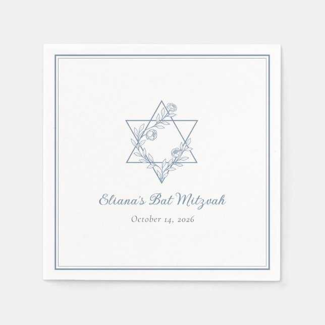 Guardanapo De Papel Elegante Blue Floral Jewish Star Chic Bat Mitzvah (Frente)