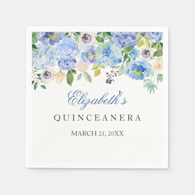 Guardanapo De Papel Elegante Blue Floral Quinceanera Napkin (Frente)