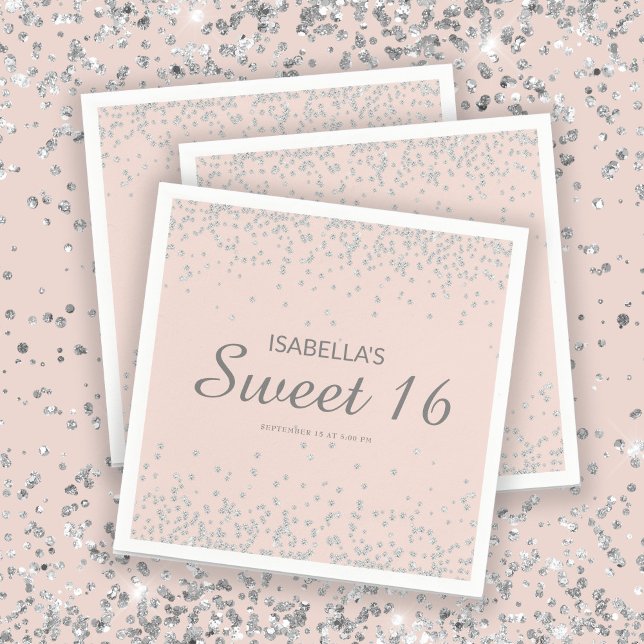 Guardanapo De Papel Elegante Blush Pink Silver Glitter Sweet 16 Name (Criador carregado)