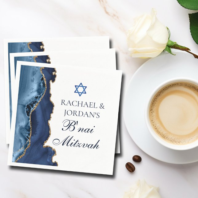 Guardanapo De Papel Elegante B'nai Mitzvah Marinho Blue Dourado Agate  (Criador carregado)