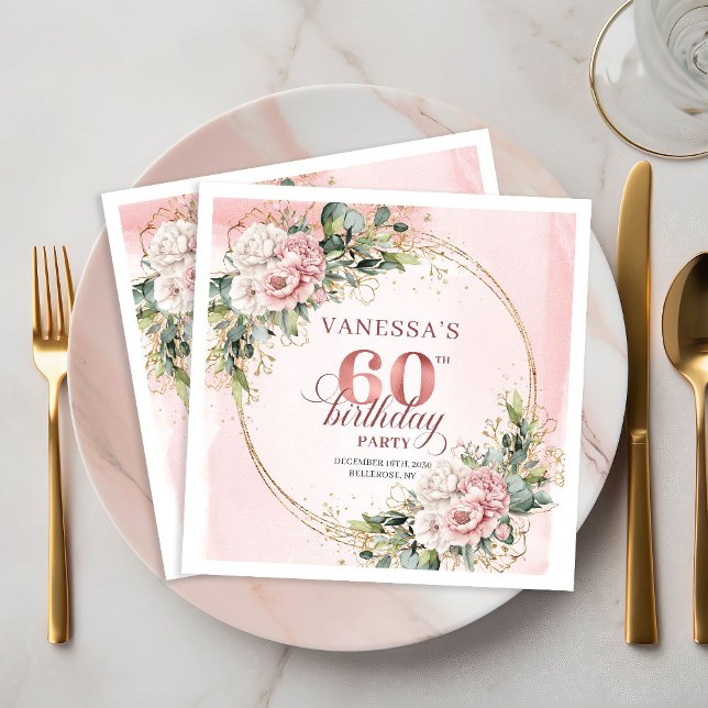 Guardanapo De Papel Elegante boho rosa claro floral brilho 60 anos (Stylish boho light pink floral shimmer 60th birthday napkins

)