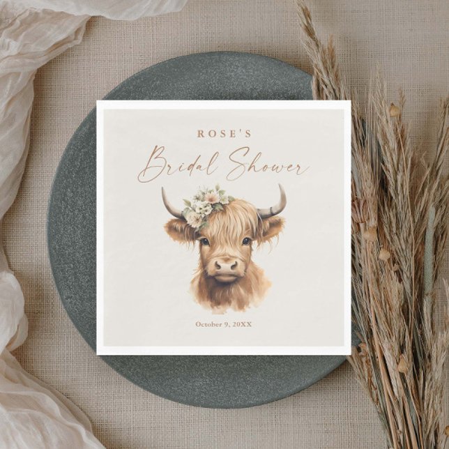 Guardanapo De Papel Elegante Boho Vaca das Terras Altas Chá de Noiva (Elegant boho highland cow bridal shower napkins.)