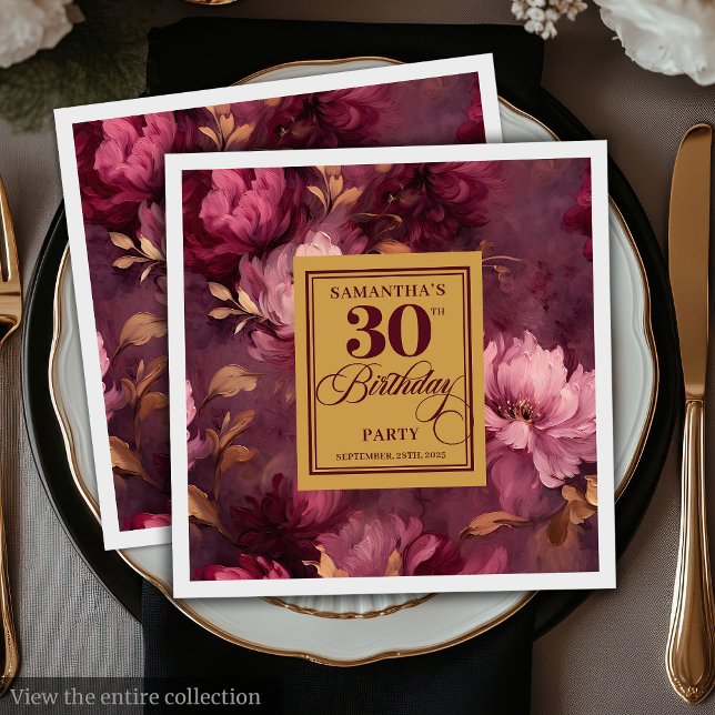 Guardanapo De Papel Elegante Burgundy Blush Dourado Boho aniversário d (Elegant Burgundy Blush Gold Boho 30th Birthday Napkins)