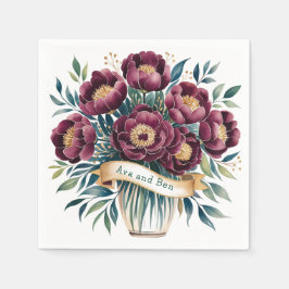 Guardanapo De Papel Elegante Burgundy e Emerald Peony com Destaque Dou