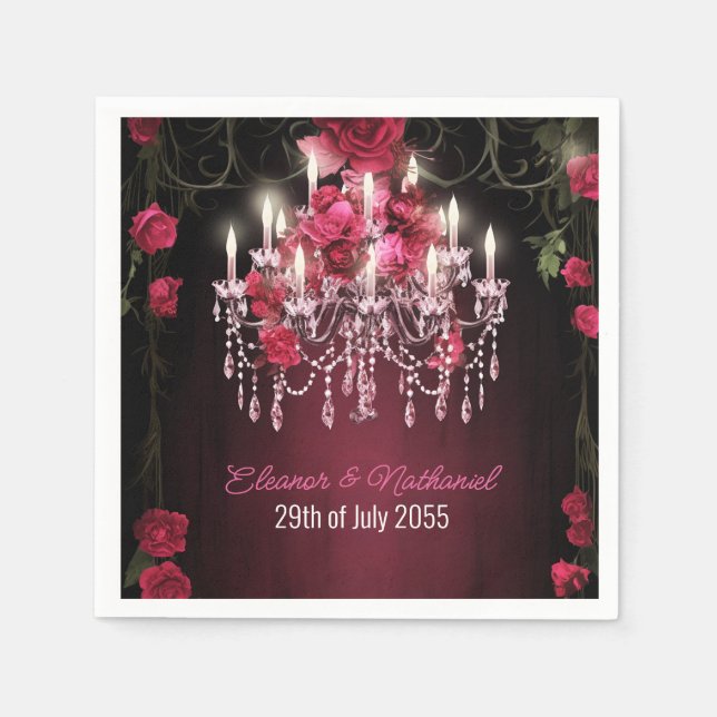 Guardanapo De Papel Elegante Burgundy Floral Rosas Chandelier Wedes (Frente)