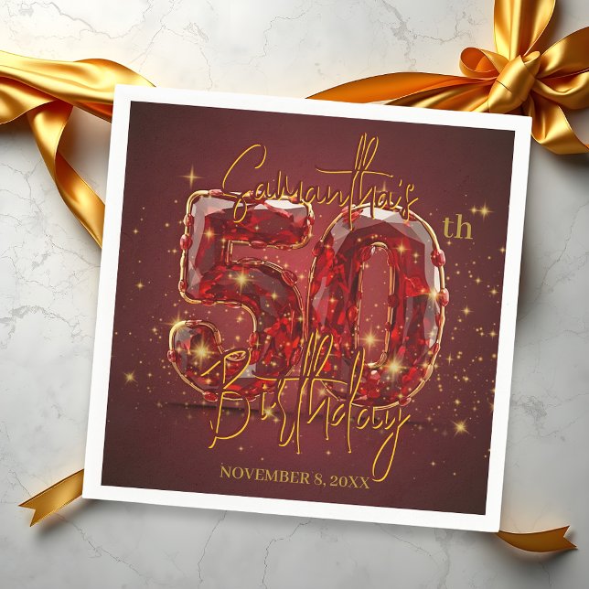Guardanapo De Papel Elegante Celebração de 50 Anos em Rubi e Dourado (Criador carregado)